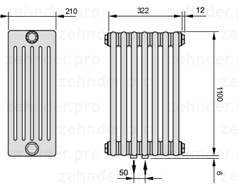Схема (чертеж) Радиатор Zehnder Charleston 6110/7 №5410 Белый глянцевый RAL 9016